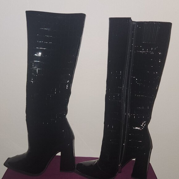 Princess Polly Black Embossed Crocodile Knee High Boots Square Toes Size 8 - Picture 5 of 6